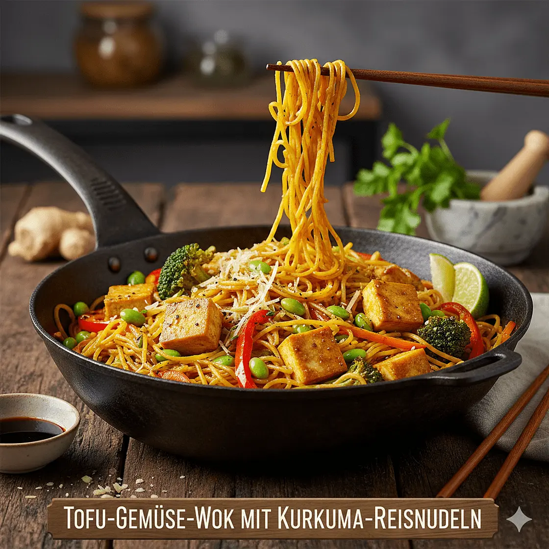 Tofu-Gemüse-Wok mit Kurkuma-Reisnudeln