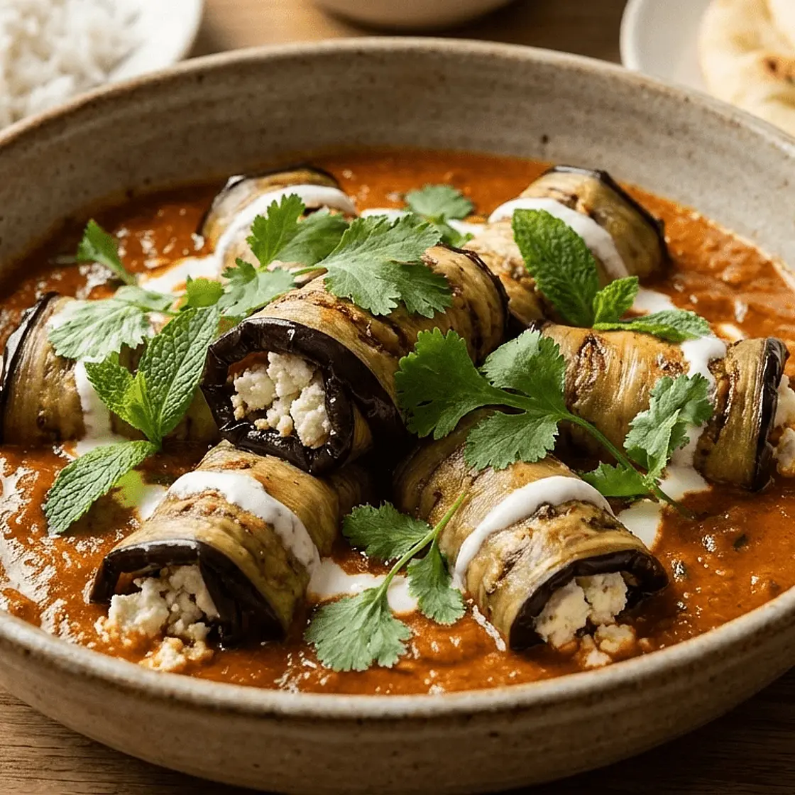 Auberginen-Feta-Röllchen in Tikka Masala