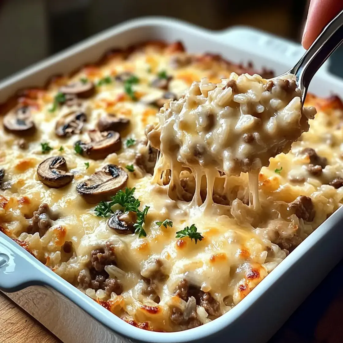 Creamy Beef & Mushroom Rice Bake for Cozy Comfort Nights