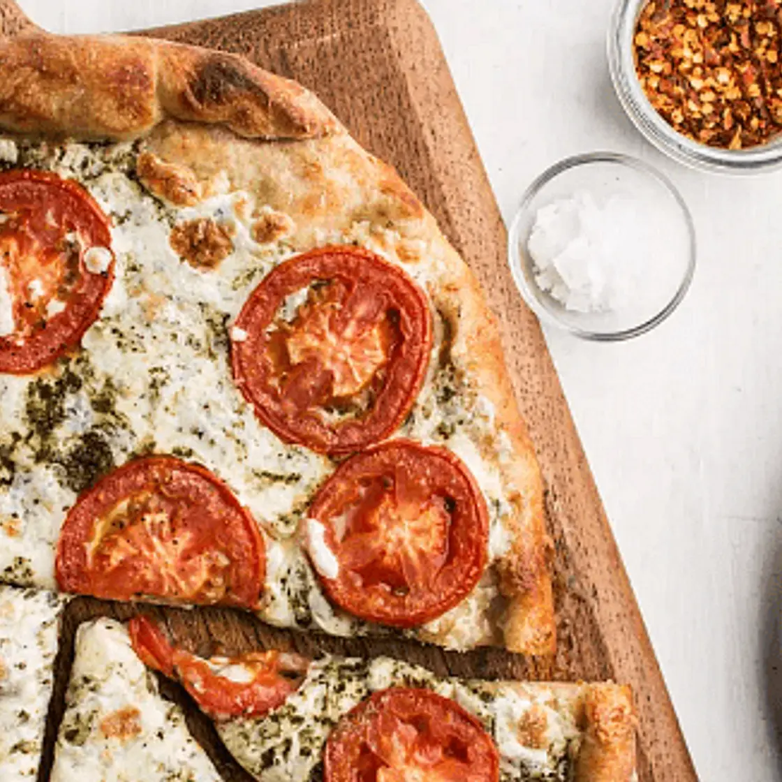 Sheet-Pan Pesto Ciabatta Pizza with Italian Ground Beef, Fresh Tomatoes & Mushrooms