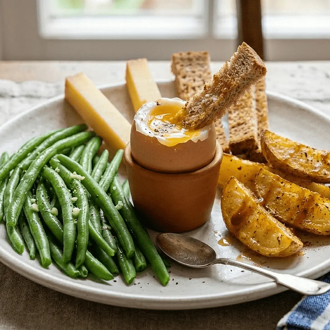 Patate au four et son œuf à la coque parsemé par des haricots verts