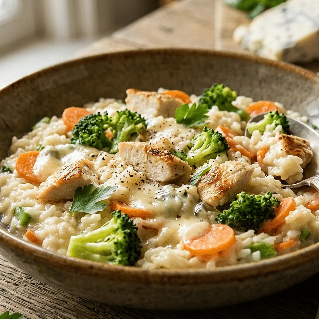 Riz au gorgonzola parsemé de légumes