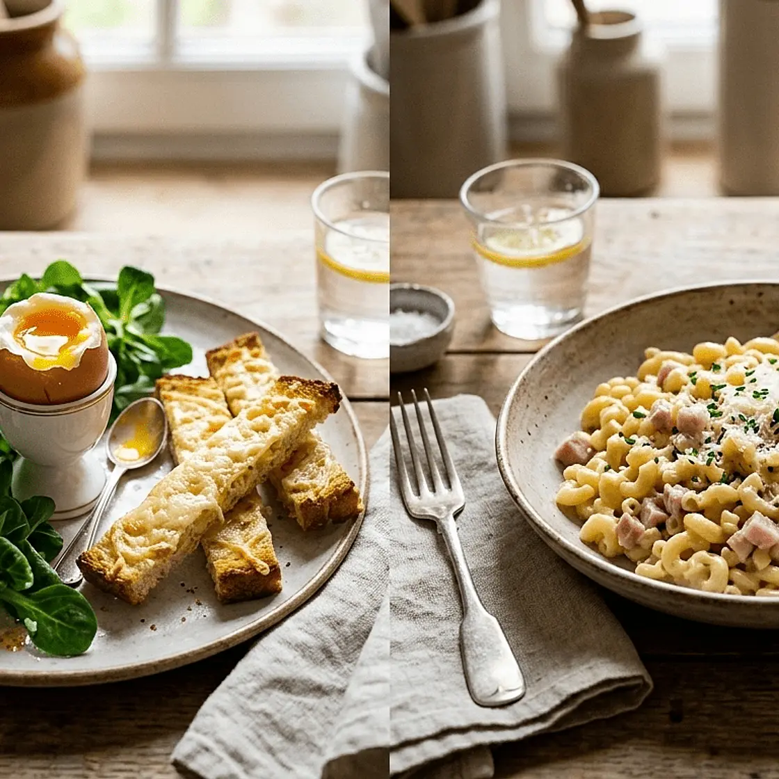 Coquillettes parmesan au jambon suivi de l'oeuf à la  coque accompagné d'une salade
