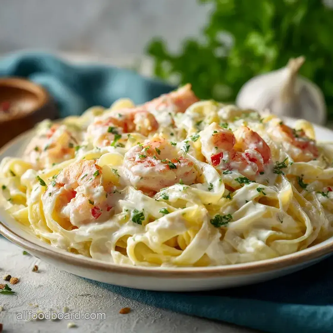 Creamy Shrimp Fettuccine Pasta with Homemade Alfredo Sauce and Garlic