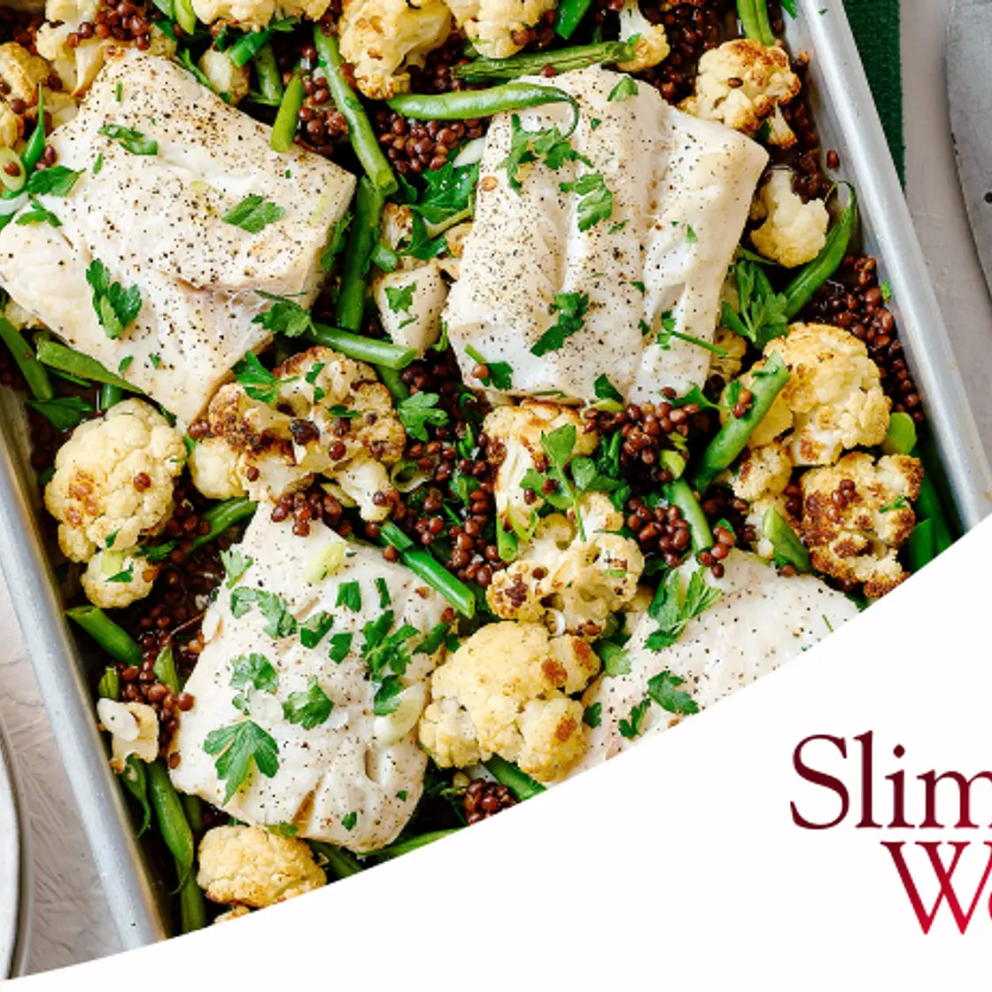 Fish traybake with cauliflower and lentils