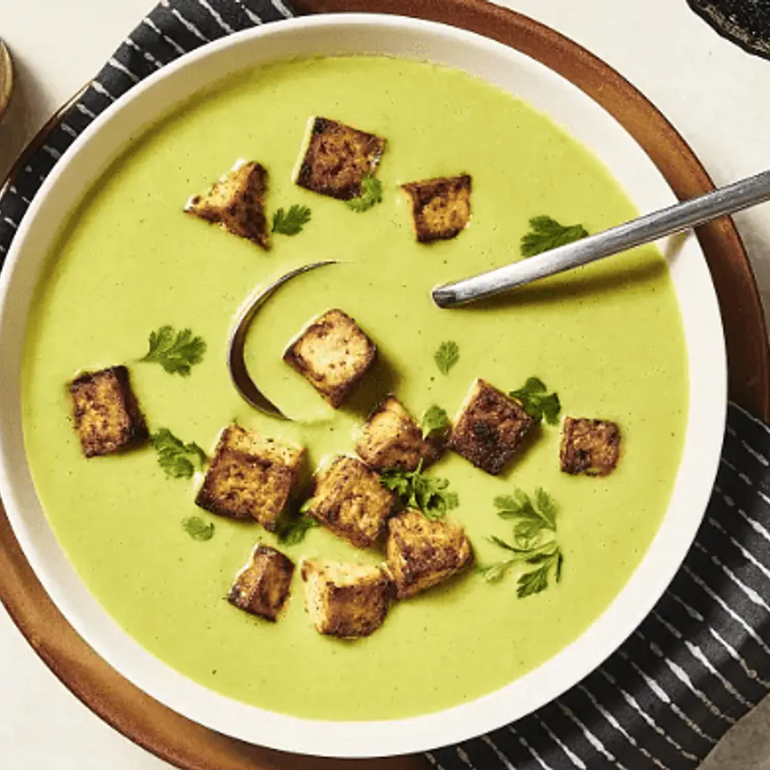 Charred Poblano Soup with Toasted Tofu