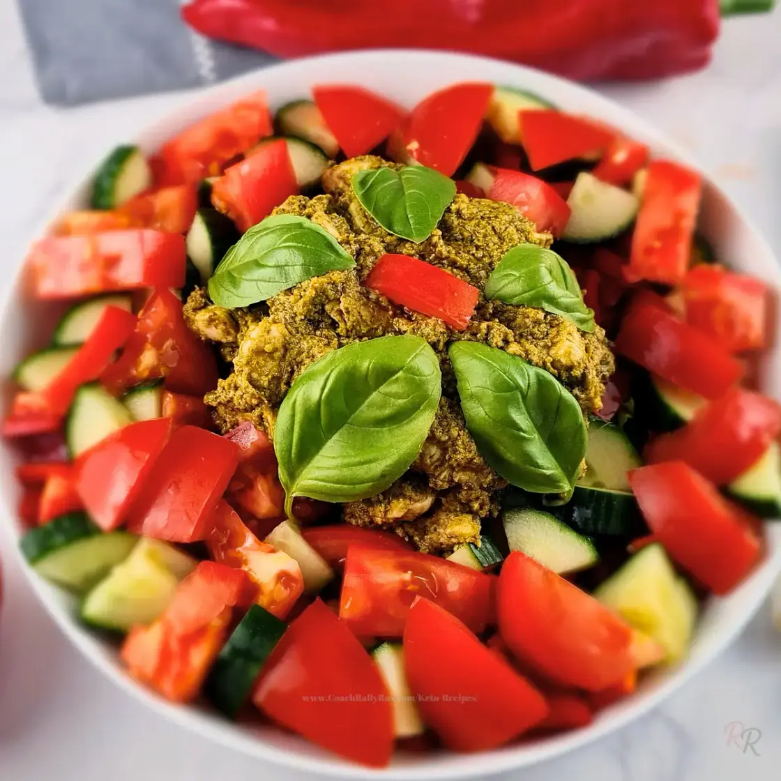 Keto Chicken Salad with Pesto Sauce for Lunch or Light Dinner