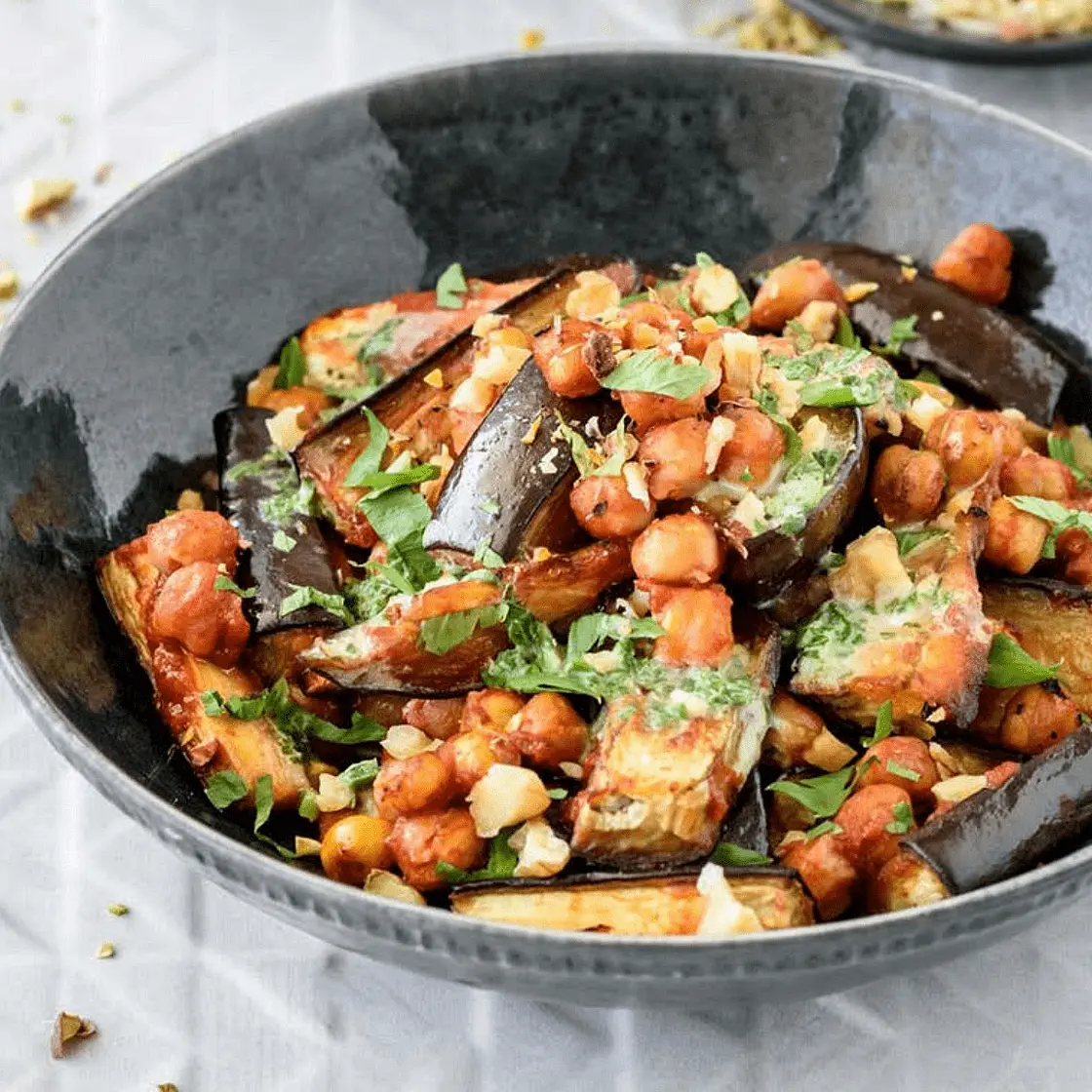 Roast Aubergine with green tahini dressing
