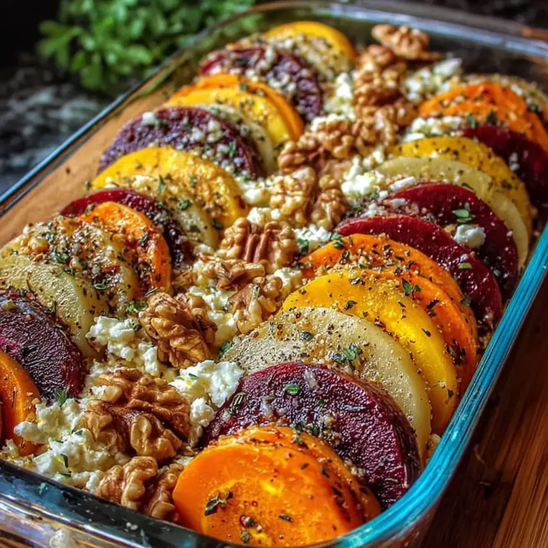 Mediterranean Layered Beet, Sweet Potato and Feta Gratin with Walnuts