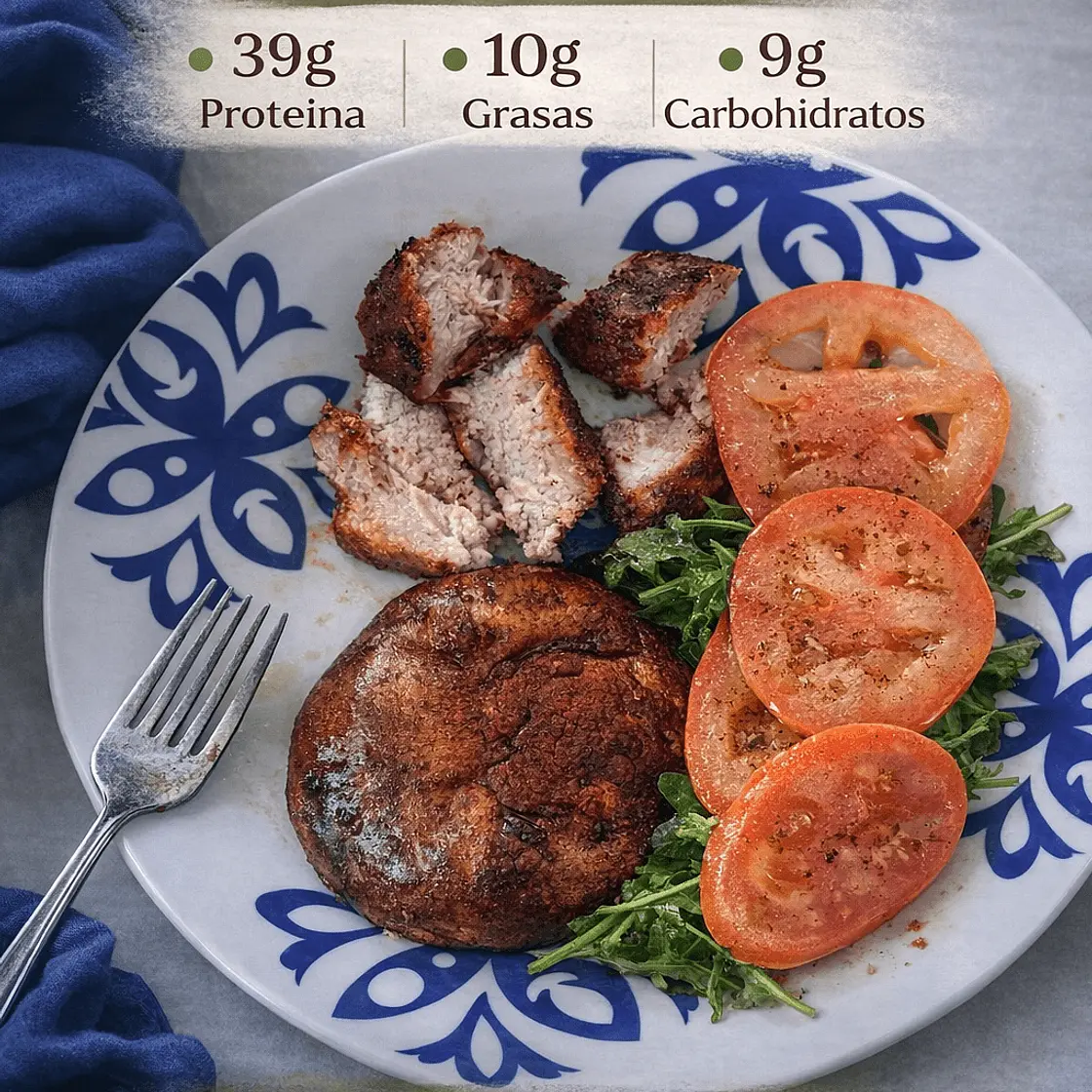 Lomo de Cerdo con hojas de rugula, tomate y pimientos dulce.