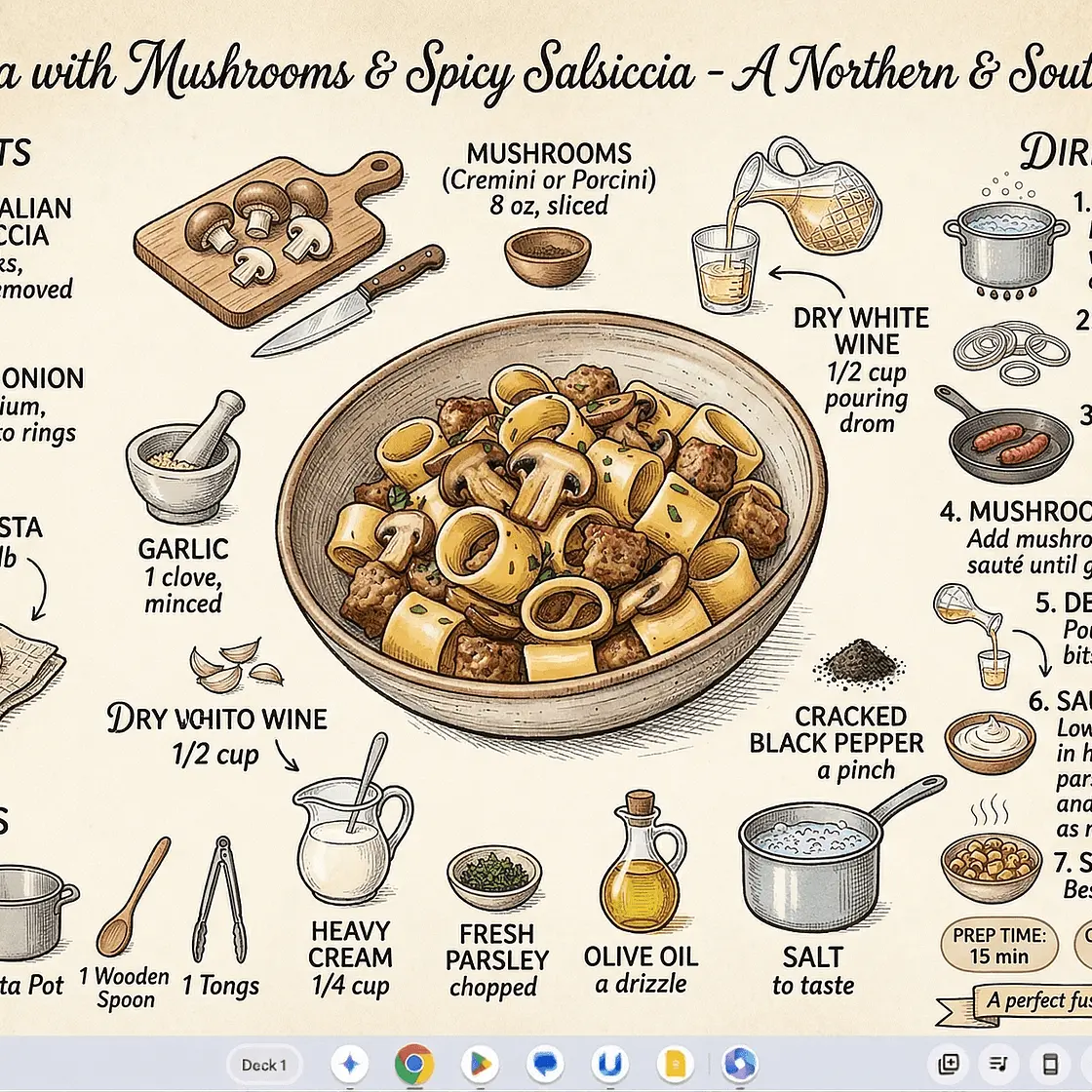 Calamarata with Mushrooms and Spicy Salsiccia