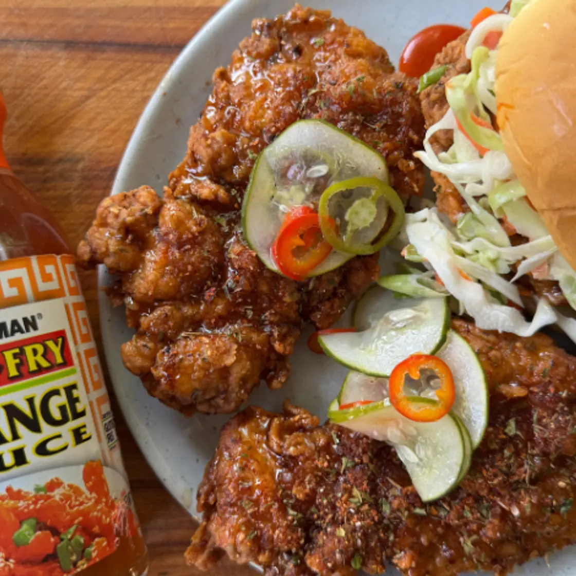 Southern Fried Chicken Sandwich with Orange Glaze & Pickled Chilis