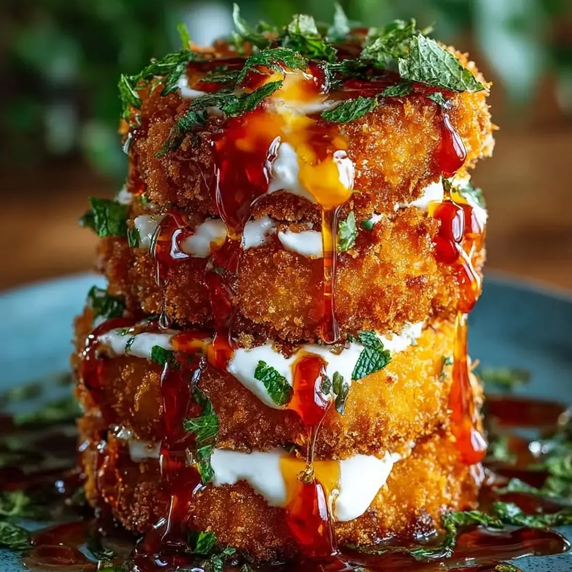 Crispy Sweet Potato Cakes with Feta Cream & Sriracha Honey