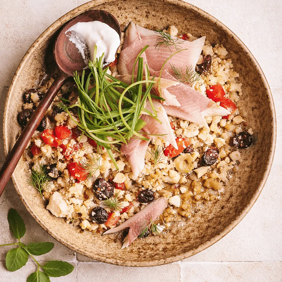 Blumenkohl-Couscous mit Räucherfisch