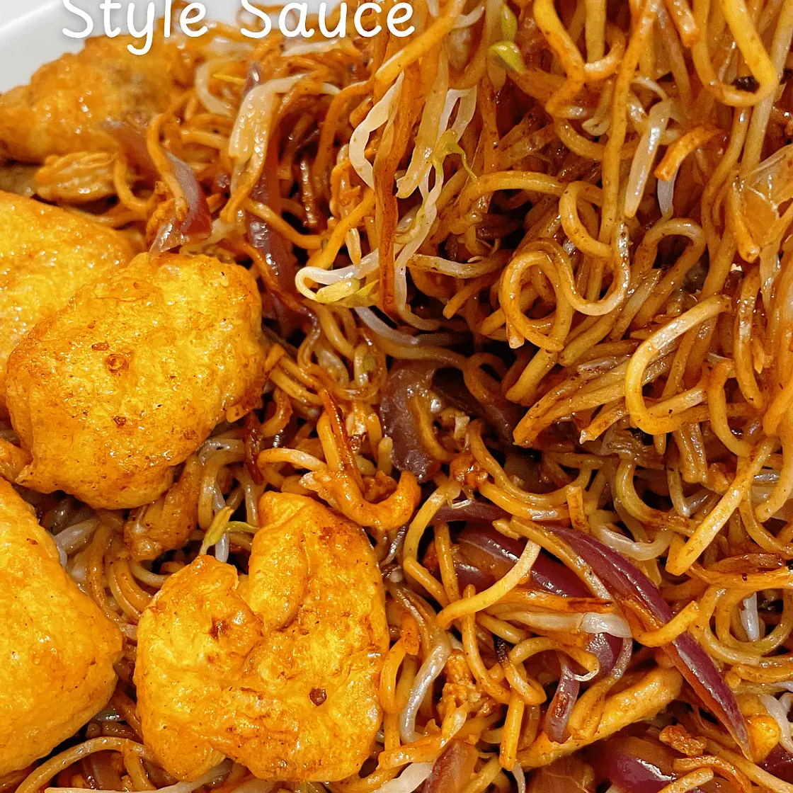 Cantonese Soy Sauce Egg Noodles with Chicken, Tofu & Onion