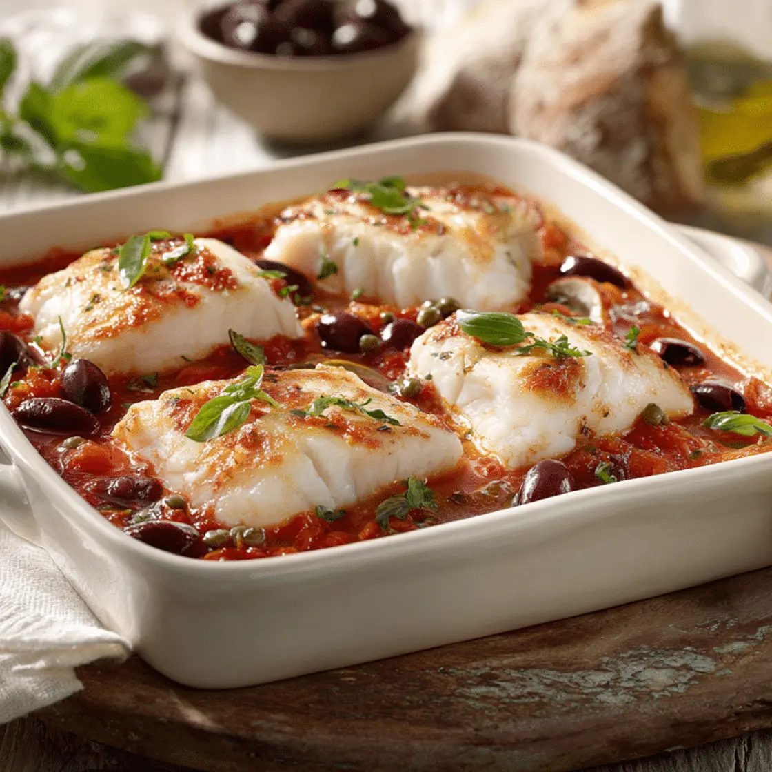 Baked Haddock With Tomatoes, Olives & Caperberries