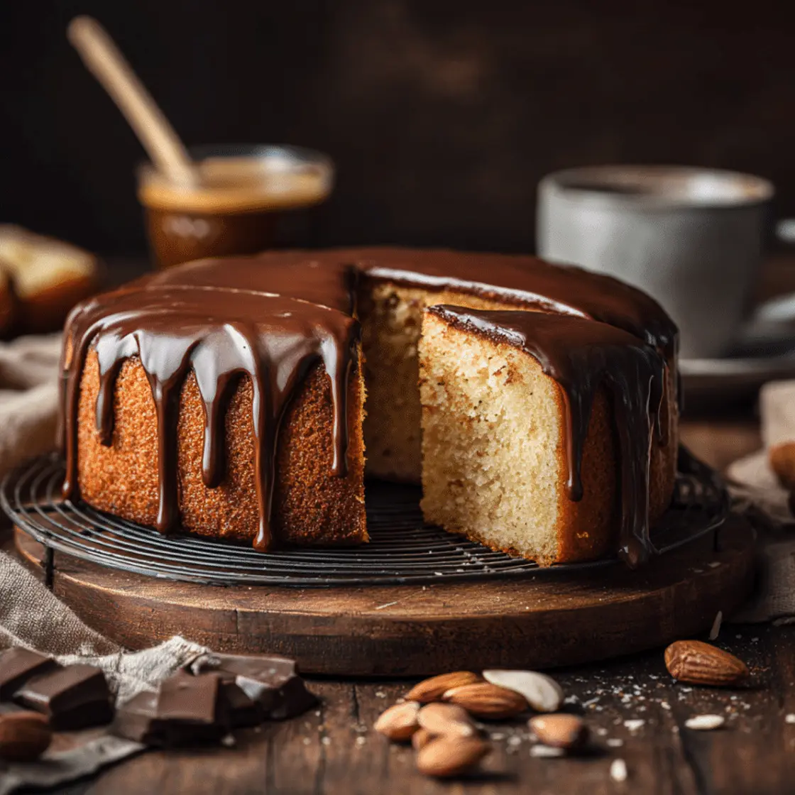 Sweet Kahlua Almond Cake with Chocolate Glaze