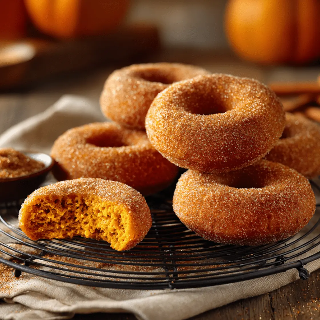 Pumpkin Doughnuts with Cinnamon Sugar Coating