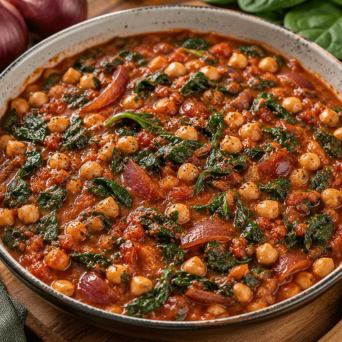 Chickpea, Red Onion and Spinach Tomato Stew