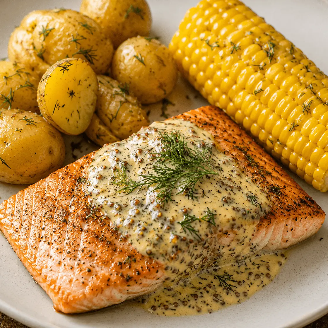 Salmon with dill yogurt mustard sauce and baby potatoes