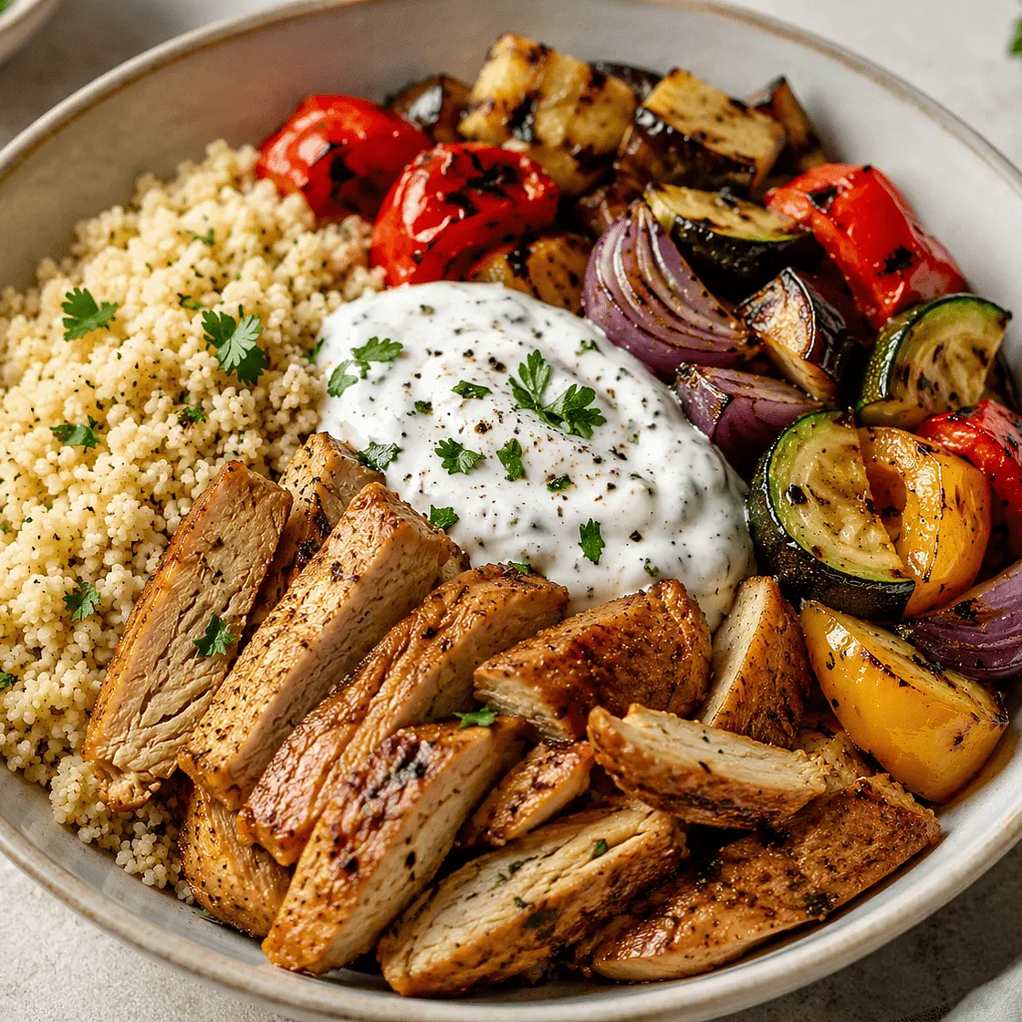 Couscous mit Grillgemüse, Planted Chicken und Joghurtsauce