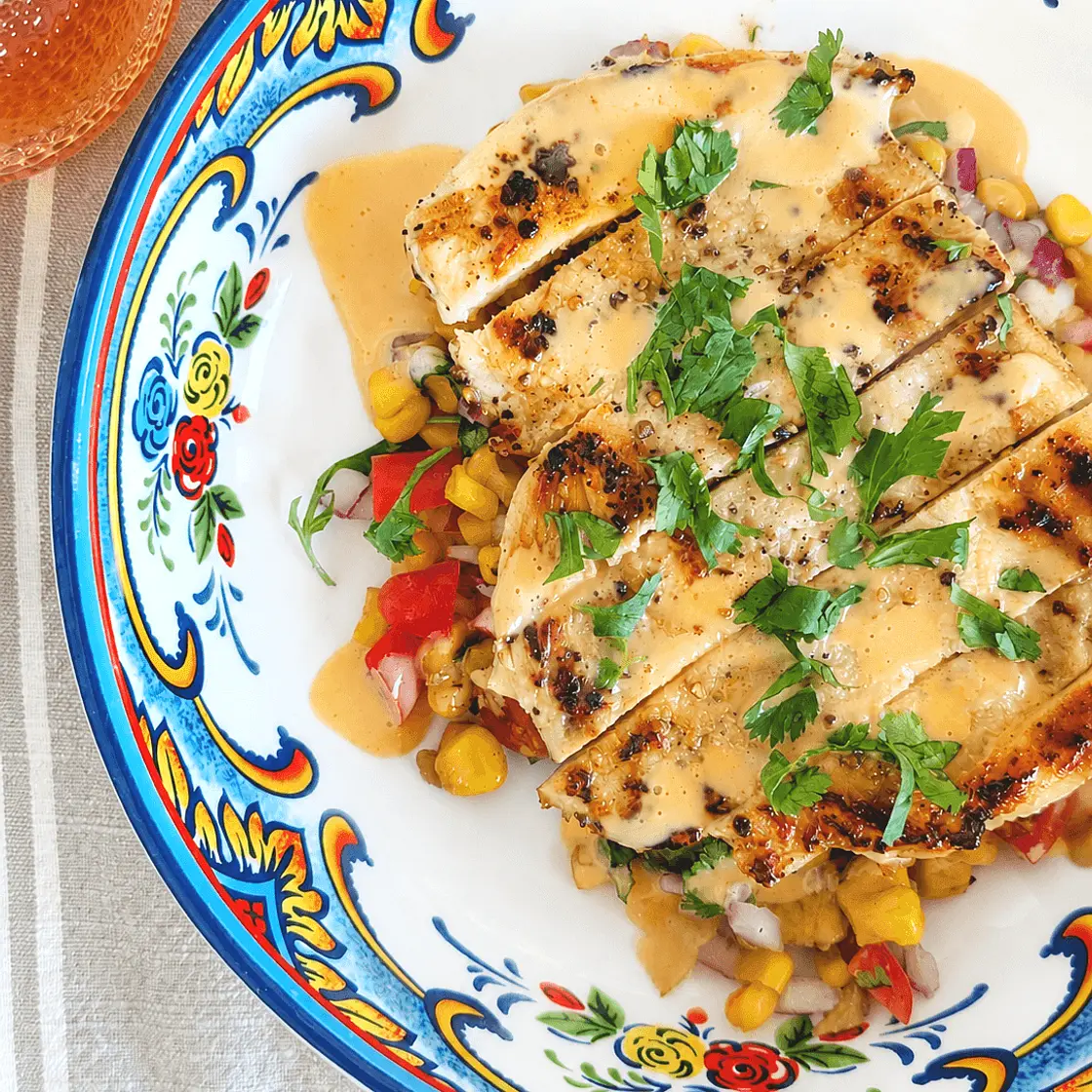 Yum Yum Chicken with Grilled Corn and Avocado Salad