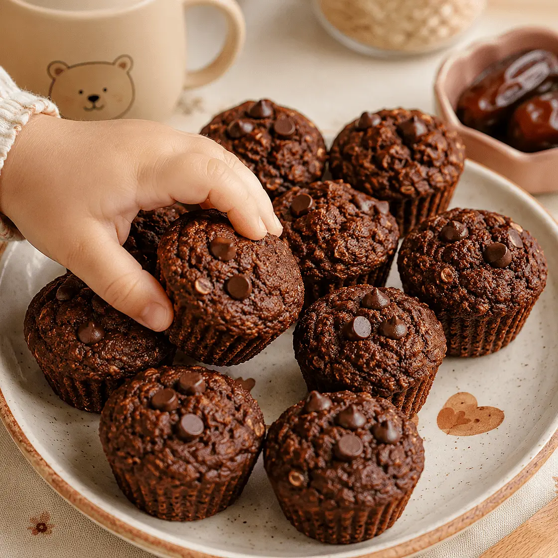 Soft oat, date, and cocoa muffins