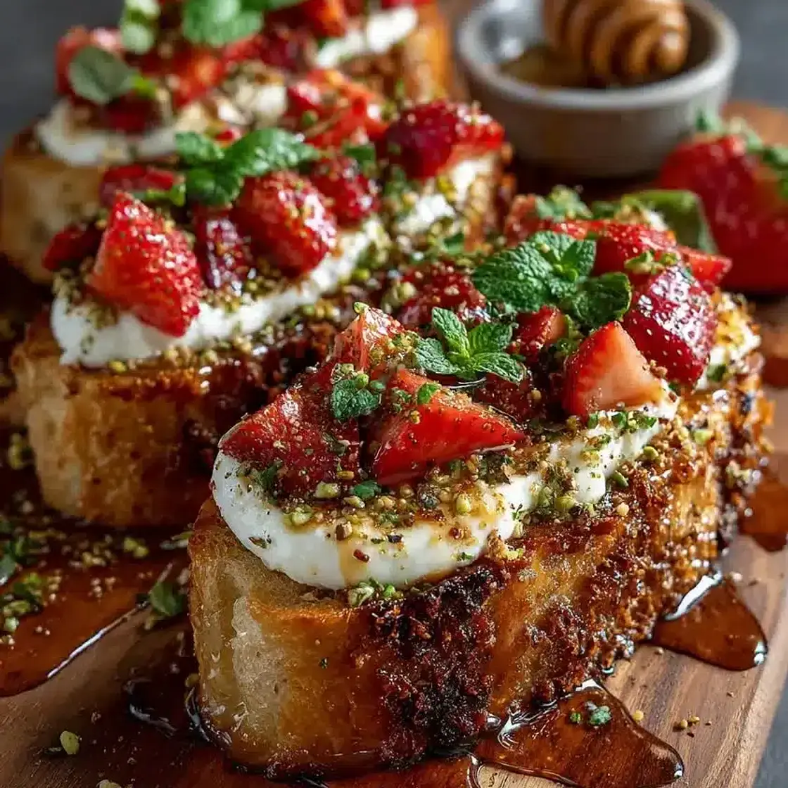 Crispy Sourdough with Whipped Brie, Roasted Strawberry, Hot Honey & Pistachio Dust