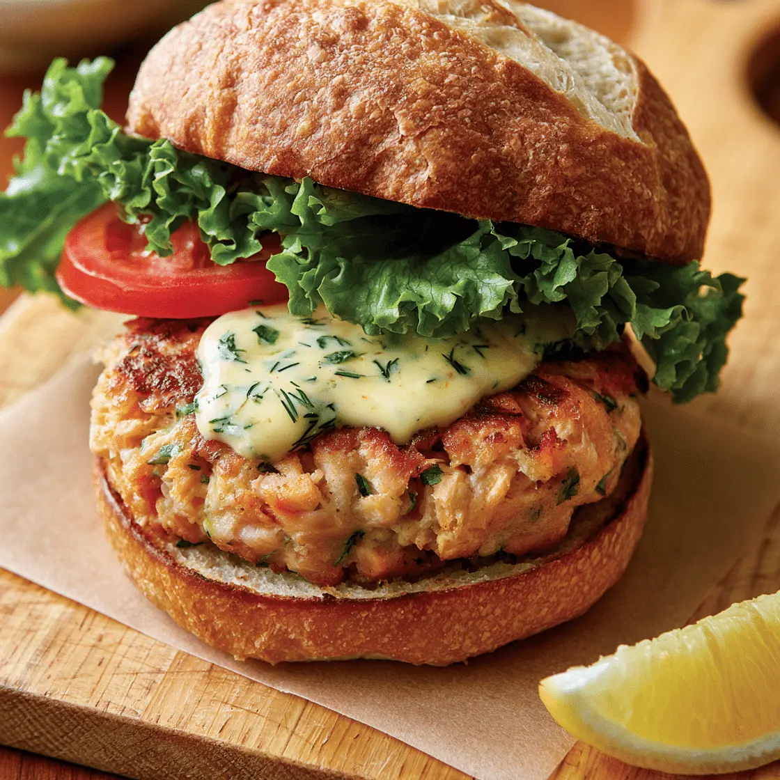 Salmon Burgers with Dijon Dill Sauce