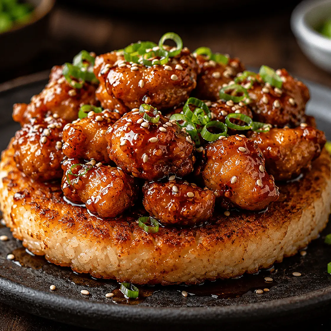Crispy Coconut Rice Patty with Sticky Asian Fried Chicken