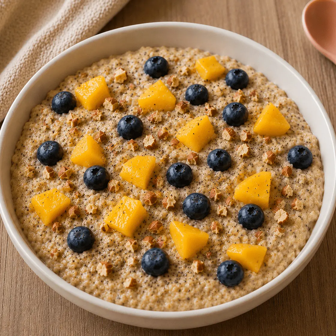 Oatmeal with blueberries and mango