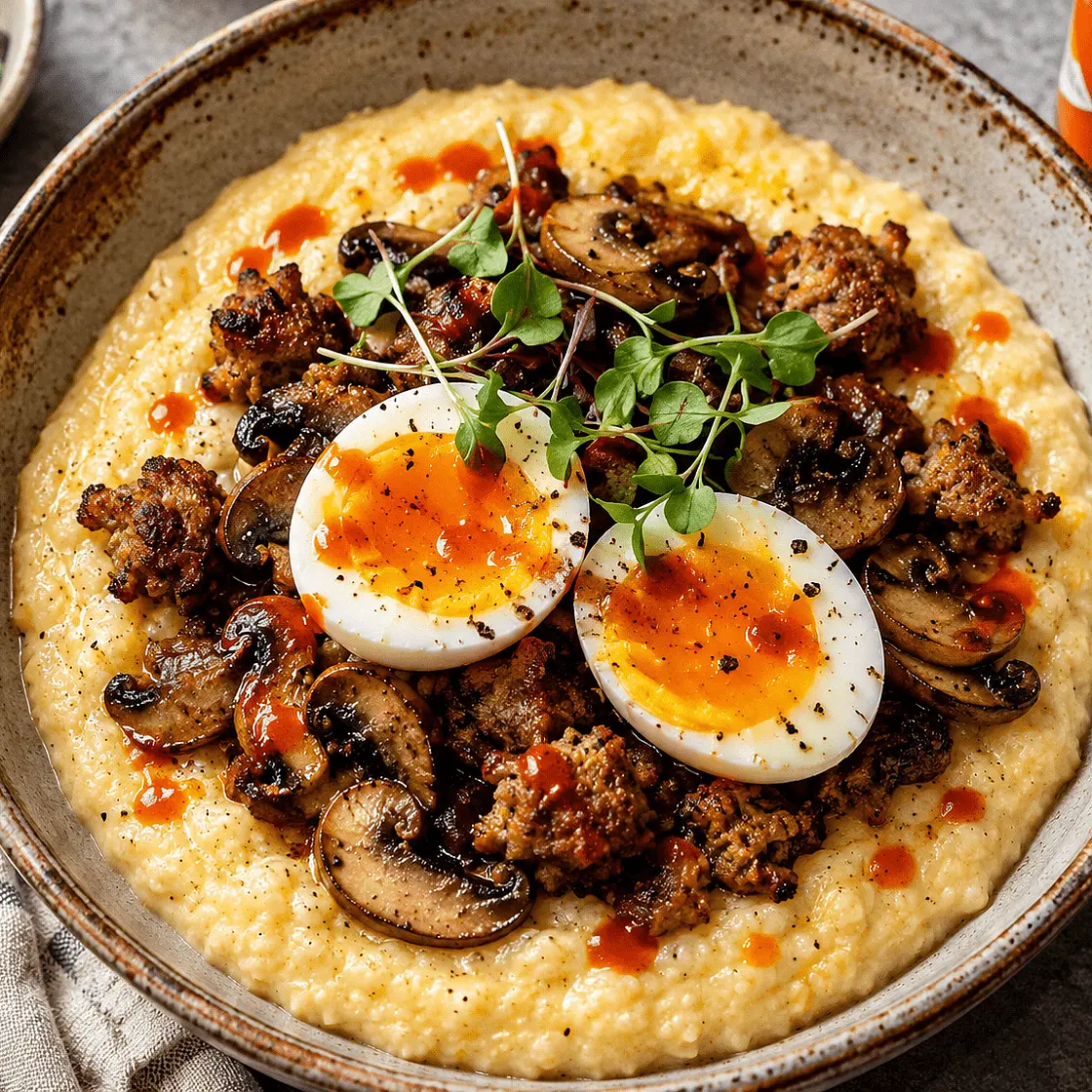 Cheddar Grits with Sausage, Mushrooms & Jammy Eggs