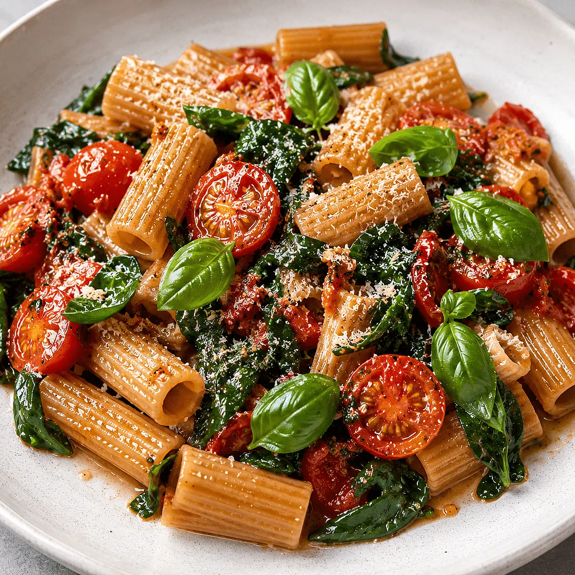Creamy Three-Cheese Rigatoni with Cherry Tomatoes, Spinach and Basil