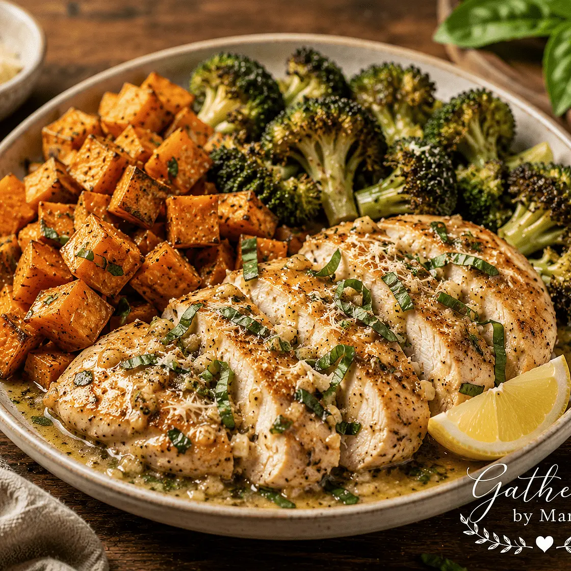 Garlic Basil Chicken with Roasted Sweet Potatoes
