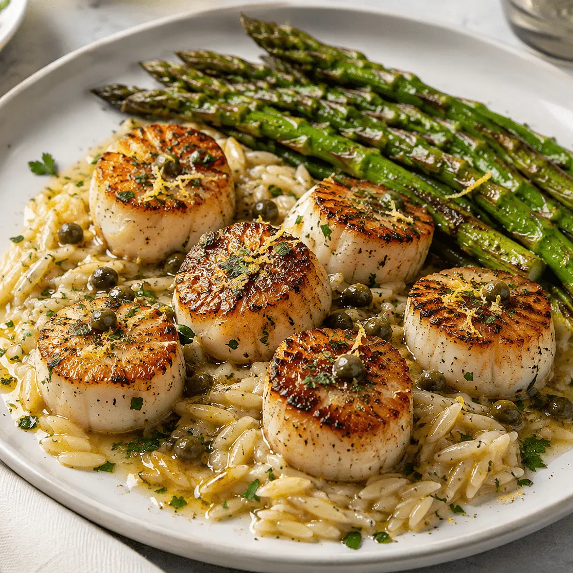 Seared Scallops with Lemon-Parmesan Orzo, Asparagus & Brown Butter