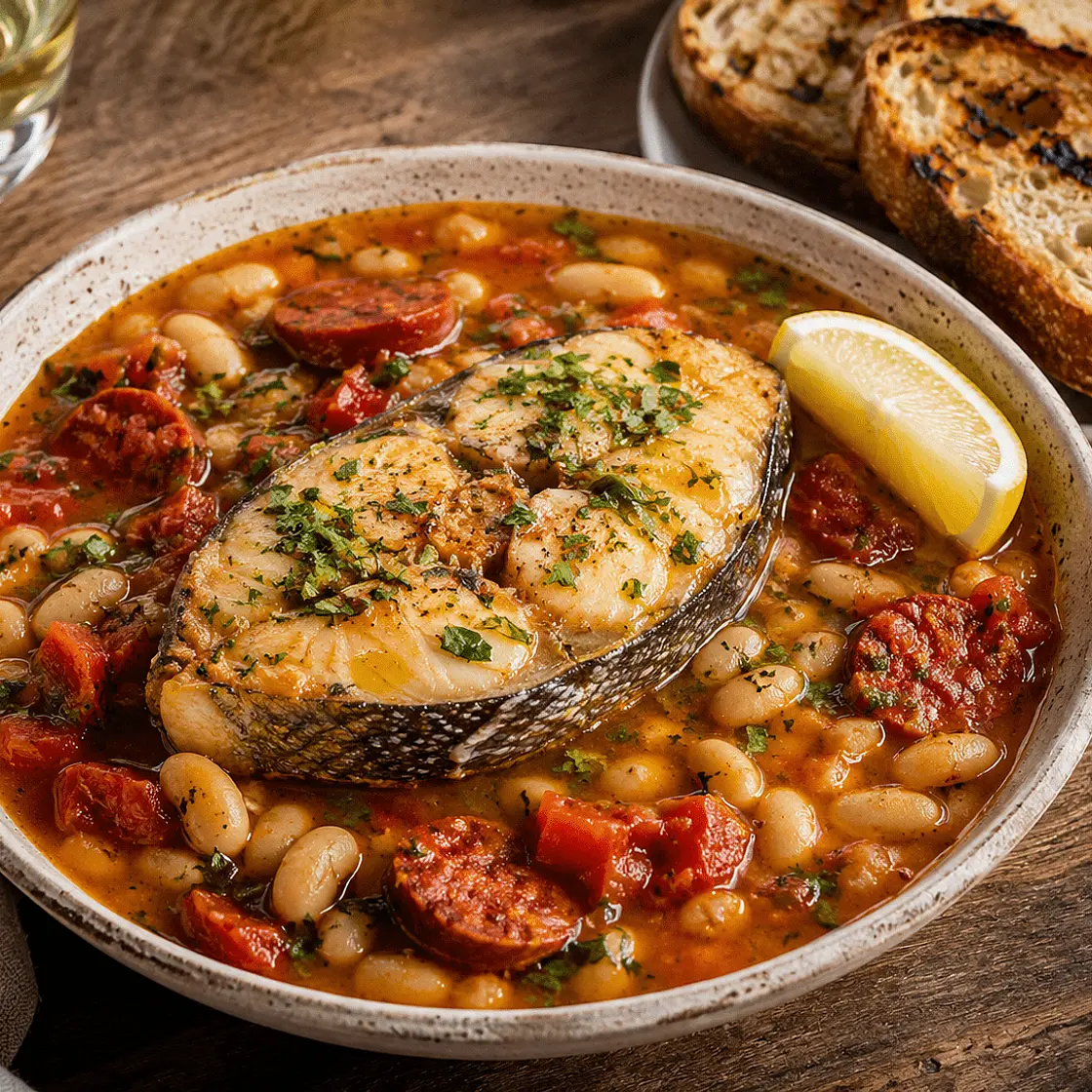 Hake Steaks with Chorizo, White Beans & Saffron Broth