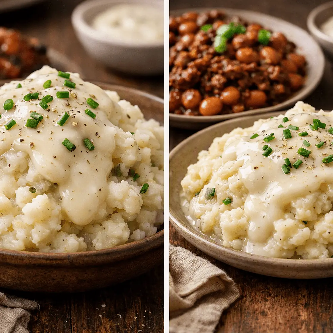 Mashed Cauliflower + Canned Potatoes + Vegan Alfredo Gravy side