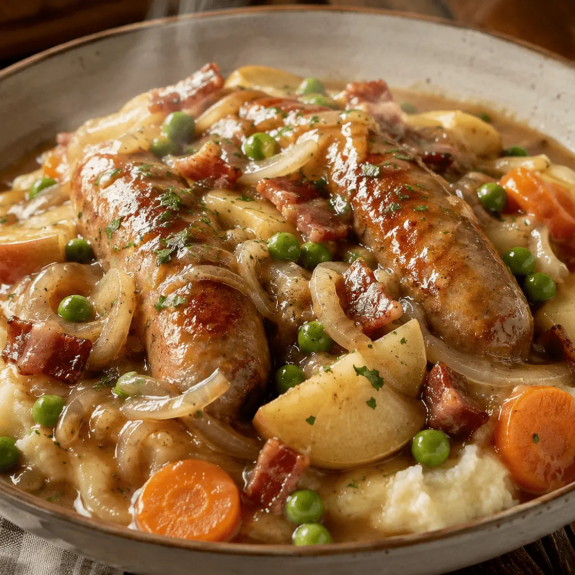 Sausage, Bacon, Onion & Cider Casserole with Creamy Mash