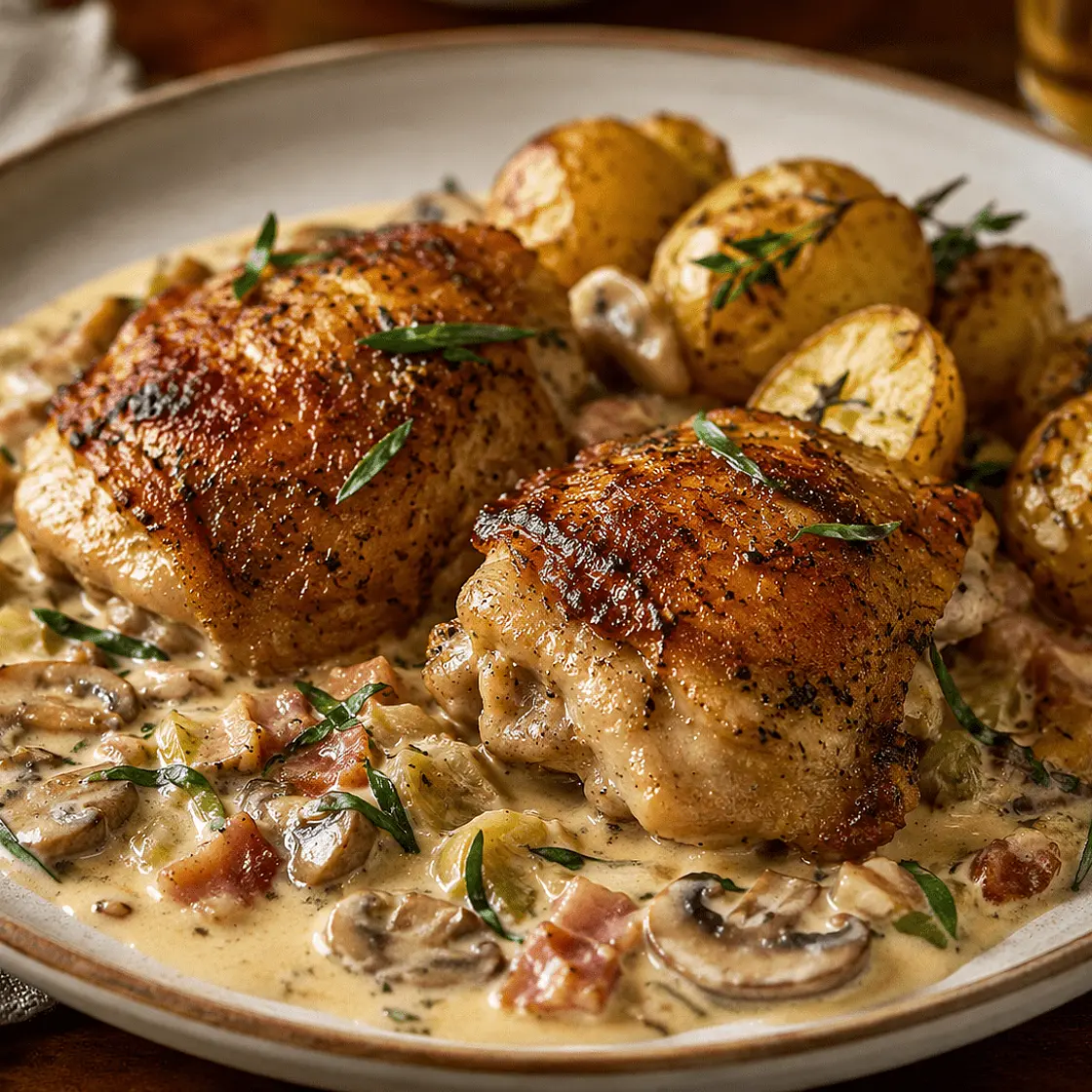Chicken Thighs with Mushrooms, Tarragon & Dijon Cream