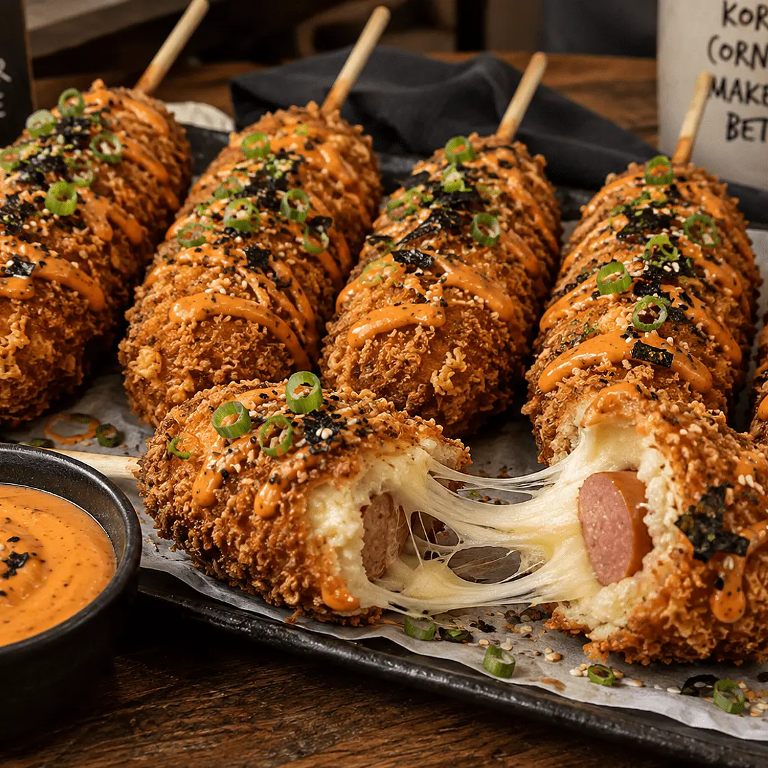 Korean Corn Dogs with Ramen-Panko Crunch & Gochujang-Garlic Mayo