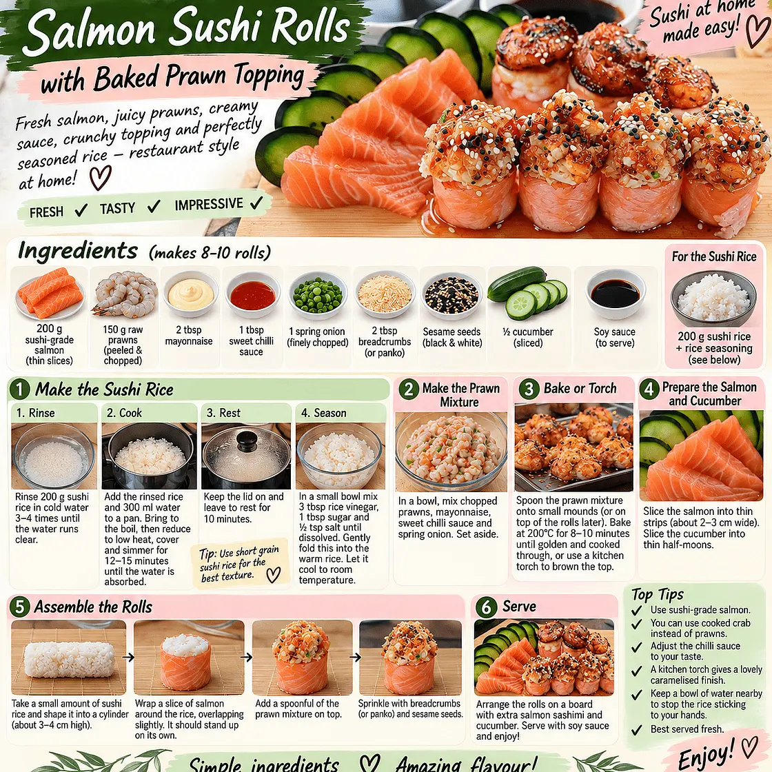 Lolo's Salmon Sushi Rolls with Baked Prawn Topping