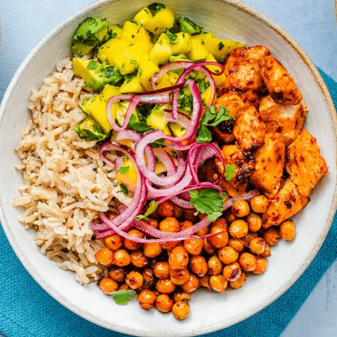 Harissa Salmon Bowl with Mango and Avocado Salsa