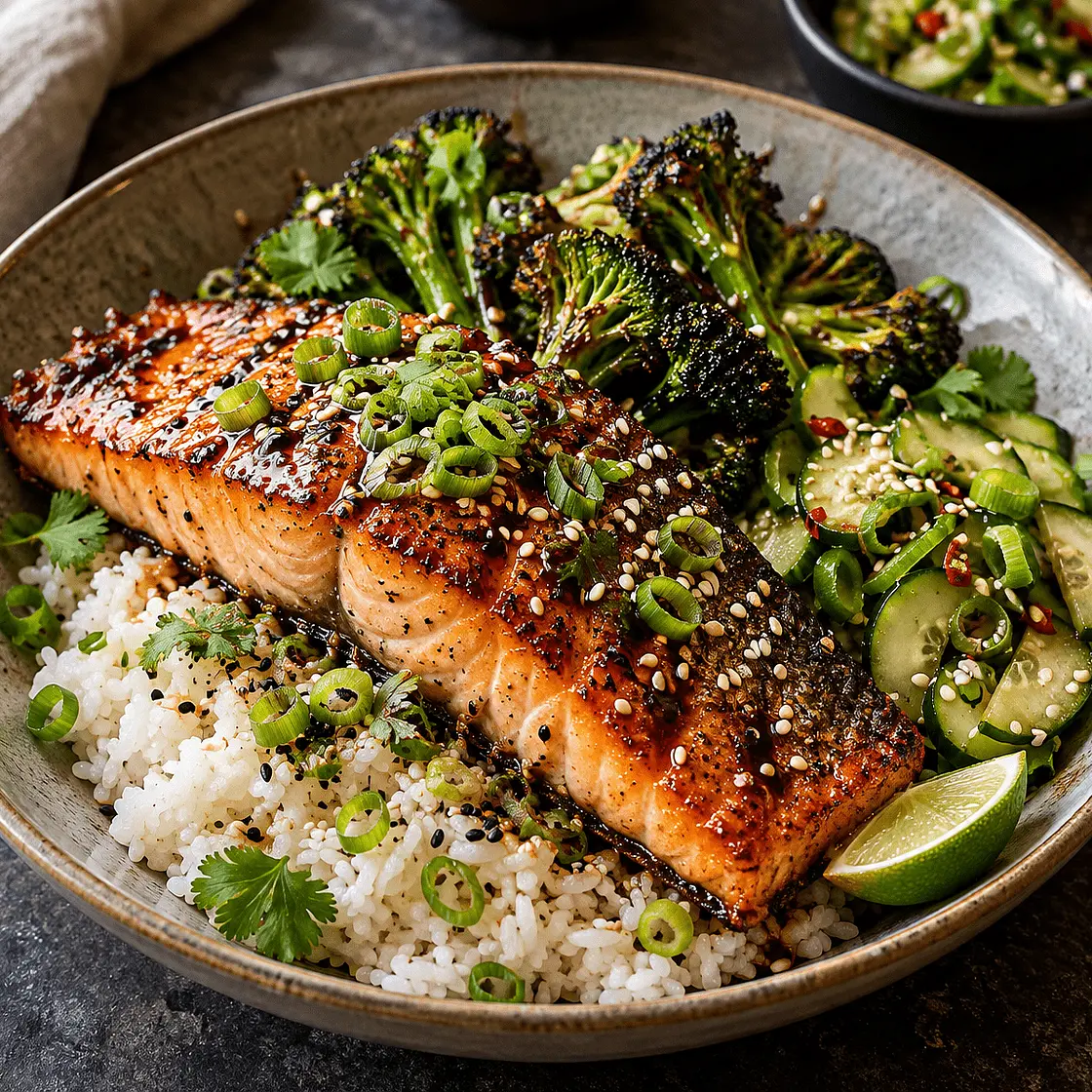 Miso-Maple Salmon with Sesame Rice, Charred Broccoli & Cucumber Salad