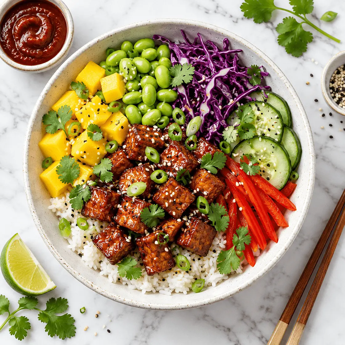 Mango Gochujang Tempeh Rainbow Rice Bowl