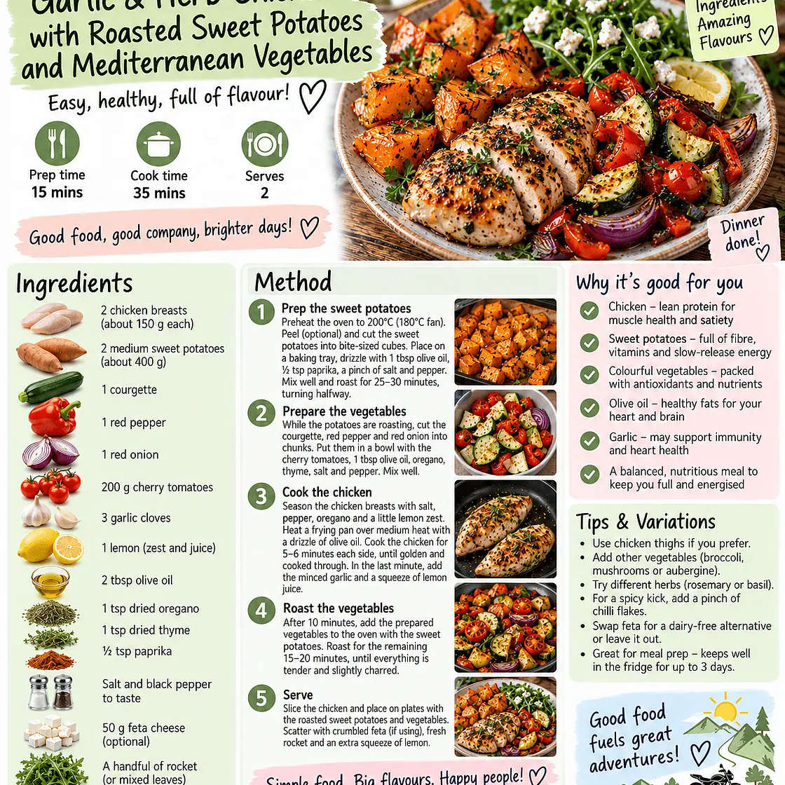 Lolo's Garlic & Herb Chicken with Roasted Sweet Potatoes and Mediterranean Vegetables