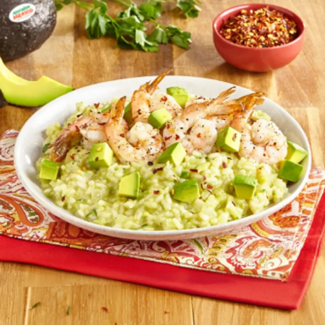 Cheesy Avocado Risotto with Shrimp