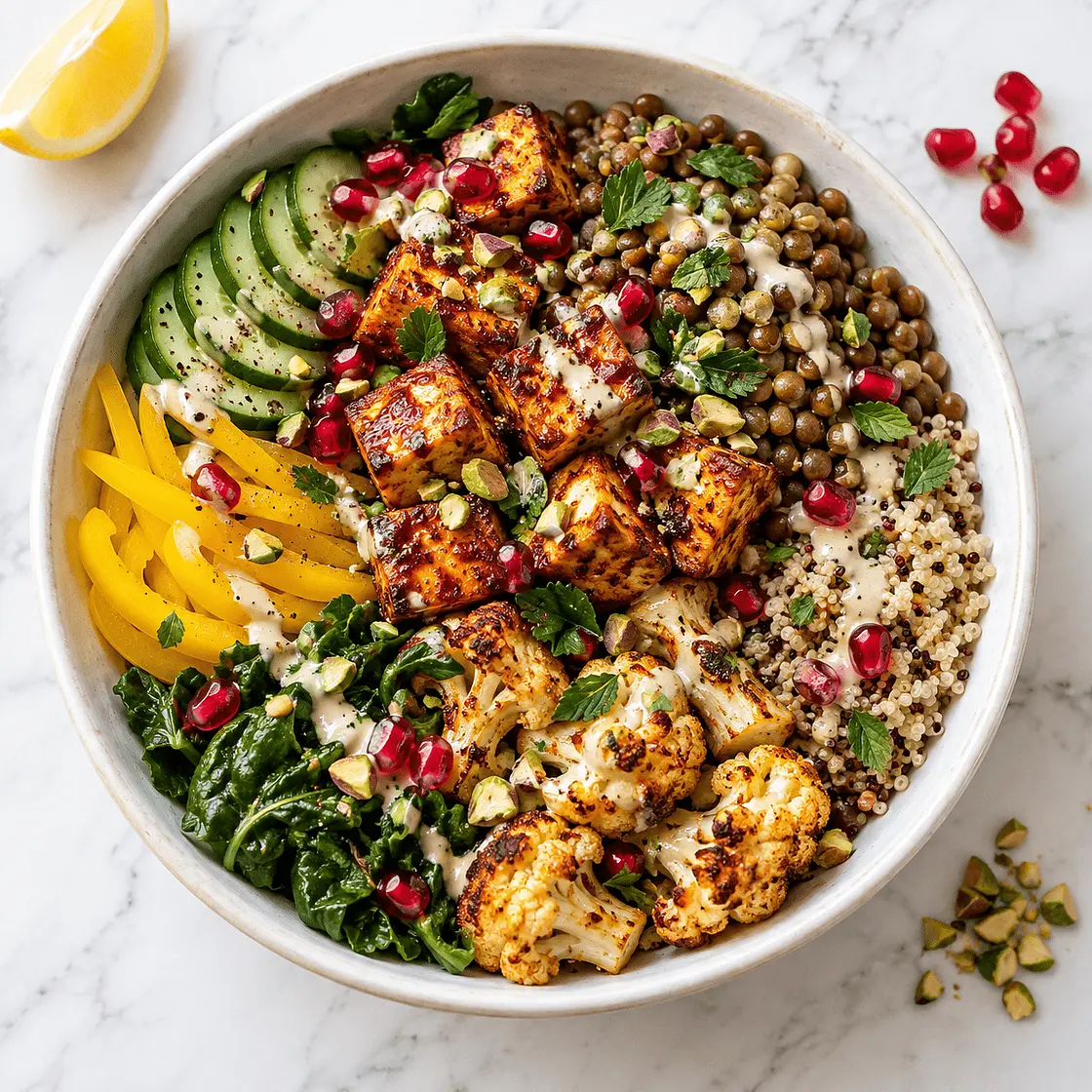 Harissa Pomegranate Tofu & Lentil Power Bowl