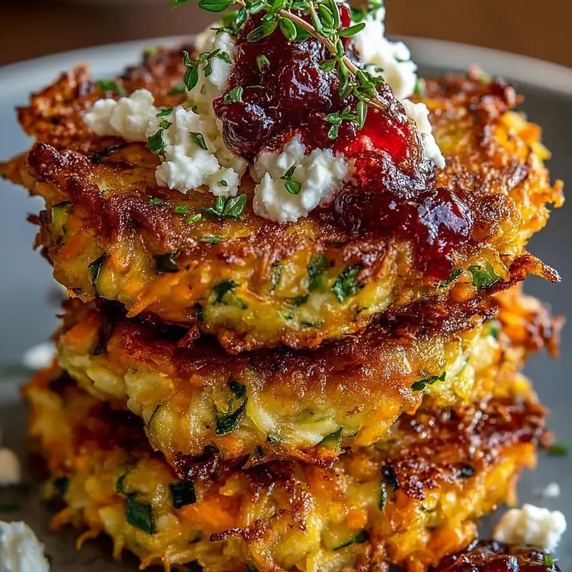 Crispy Sweet Potato Zucchini Fritters with Feta and Cranberry Honey