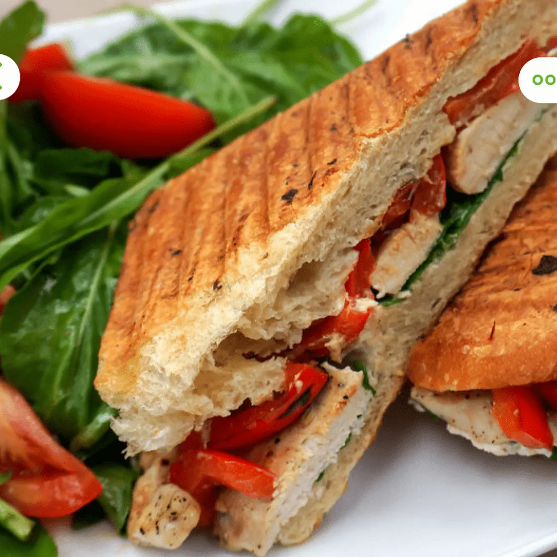Chicken, Bell Pepper & Goat Cheese Panini with Arugula Tomato Salad