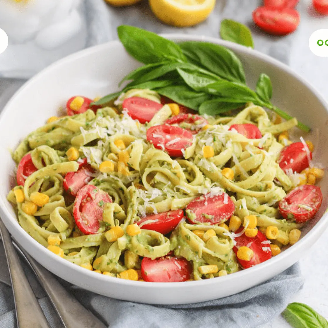 Creamy Avocado Fettuccine with Corn & Cherry Tomatoes